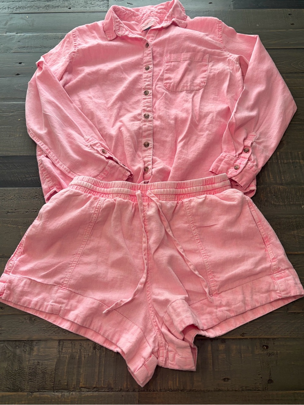 Universal Thread Pink Linen Blend Button Down Shirt Shorts Set Women’s S